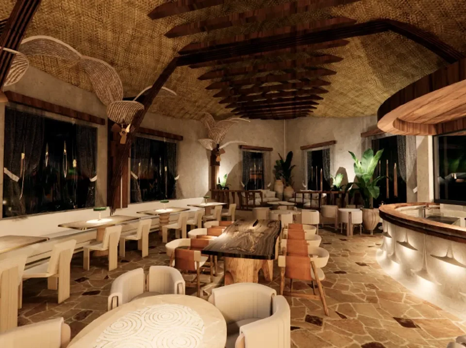 An event venue interior, laid for dinner
