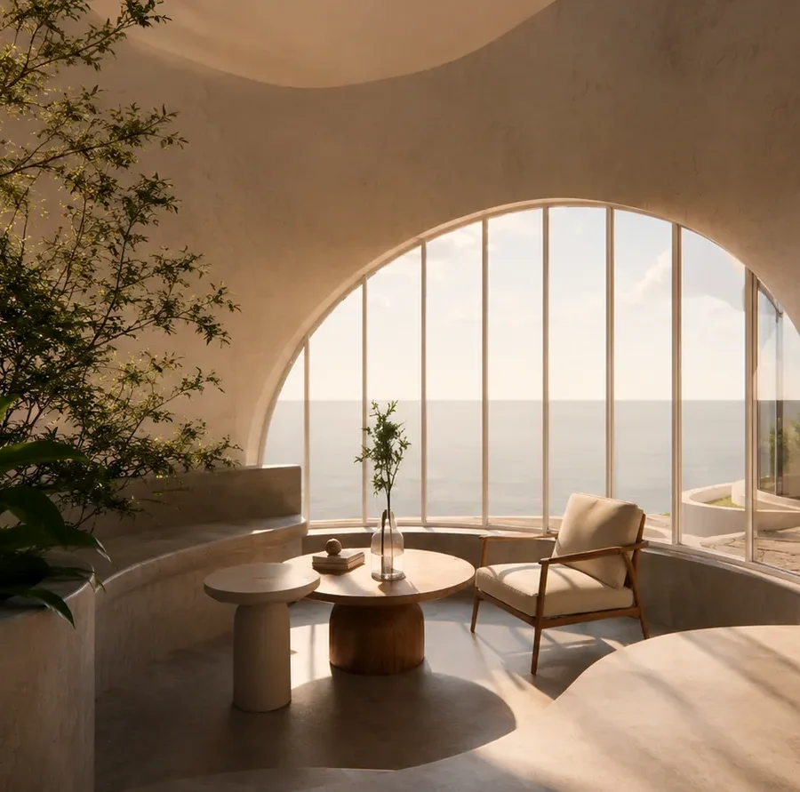 A curved earthen interior under an arched window
