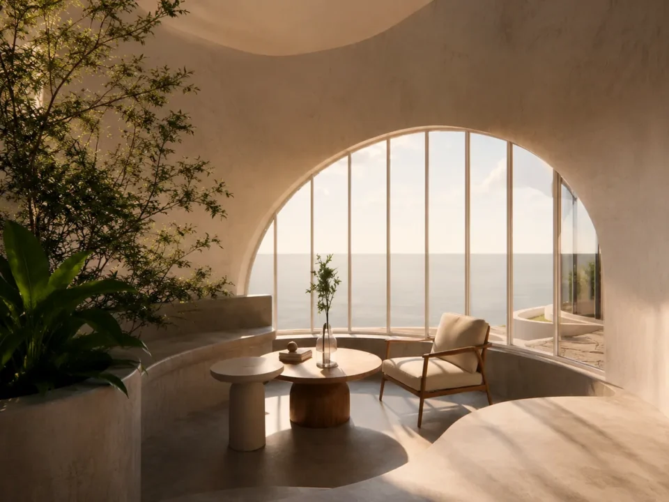 A curved earthen interior under an arched window