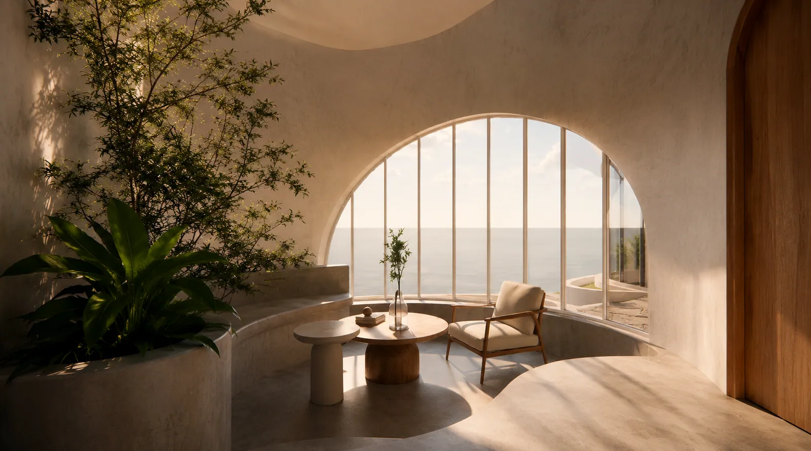 A curved earthen interior under an arched window