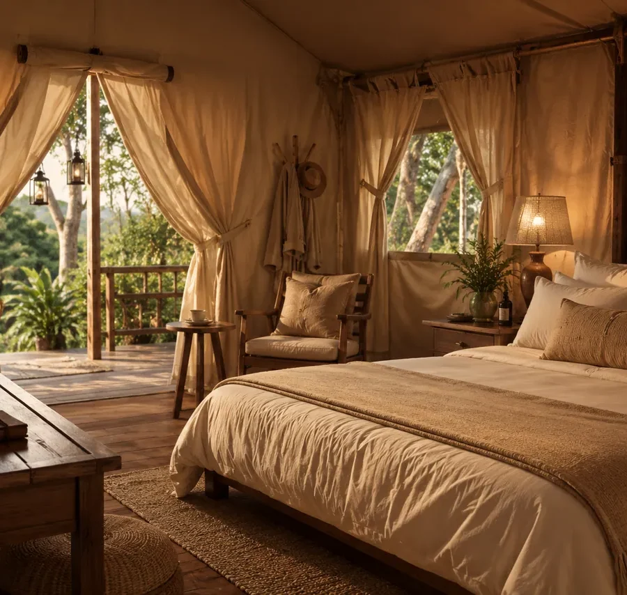 A Luxury Tent interior at lamplight