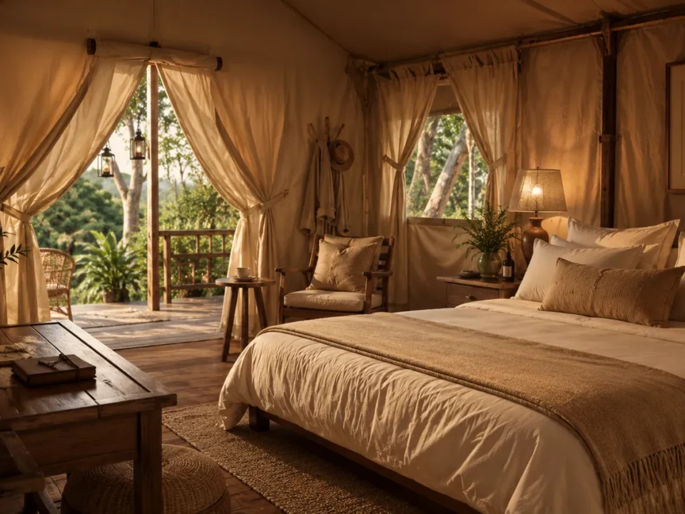 A Luxury Tent interior at lamplight