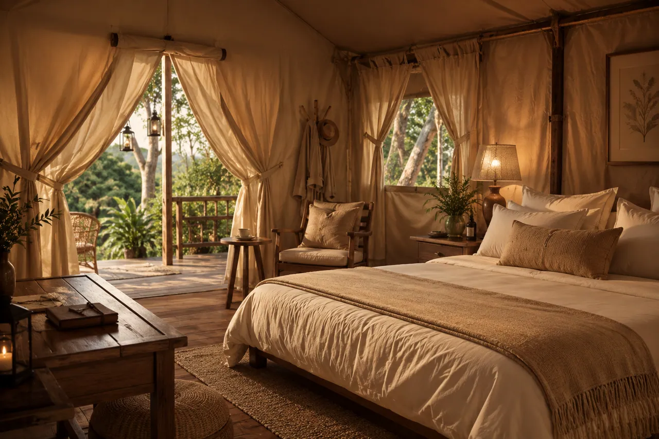 A Luxury Tent interior at lamplight